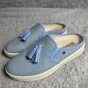 Spenco Blue Tassel Mules Slip On Shoes Linen Woven Outer‎ Arch Support Size 8.5